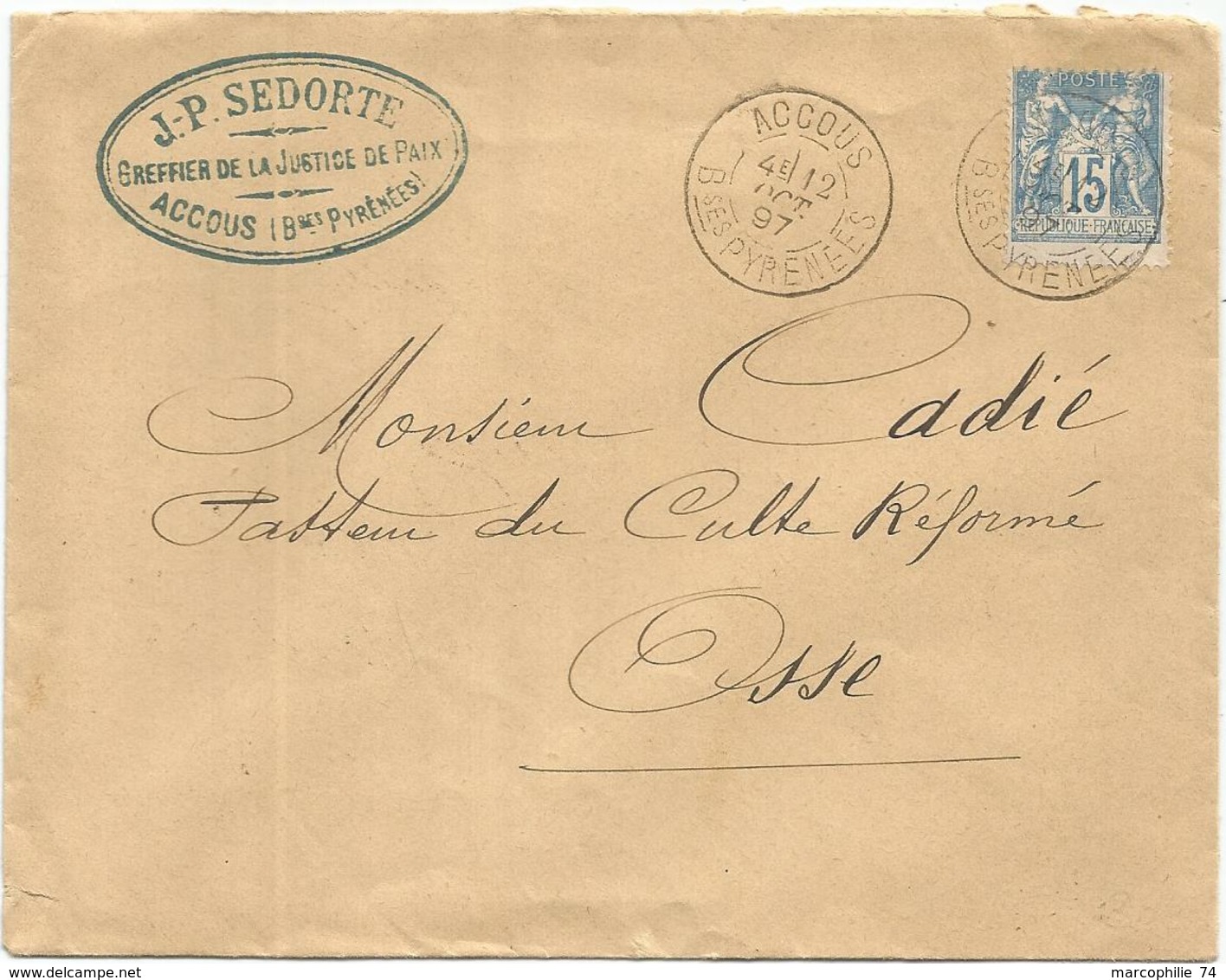 SAGE 15C LETTRE TYPE A ACCOUS BSES PYRENEES 12 AOT 1897 - 1877-1920: Periodo Semi Moderno