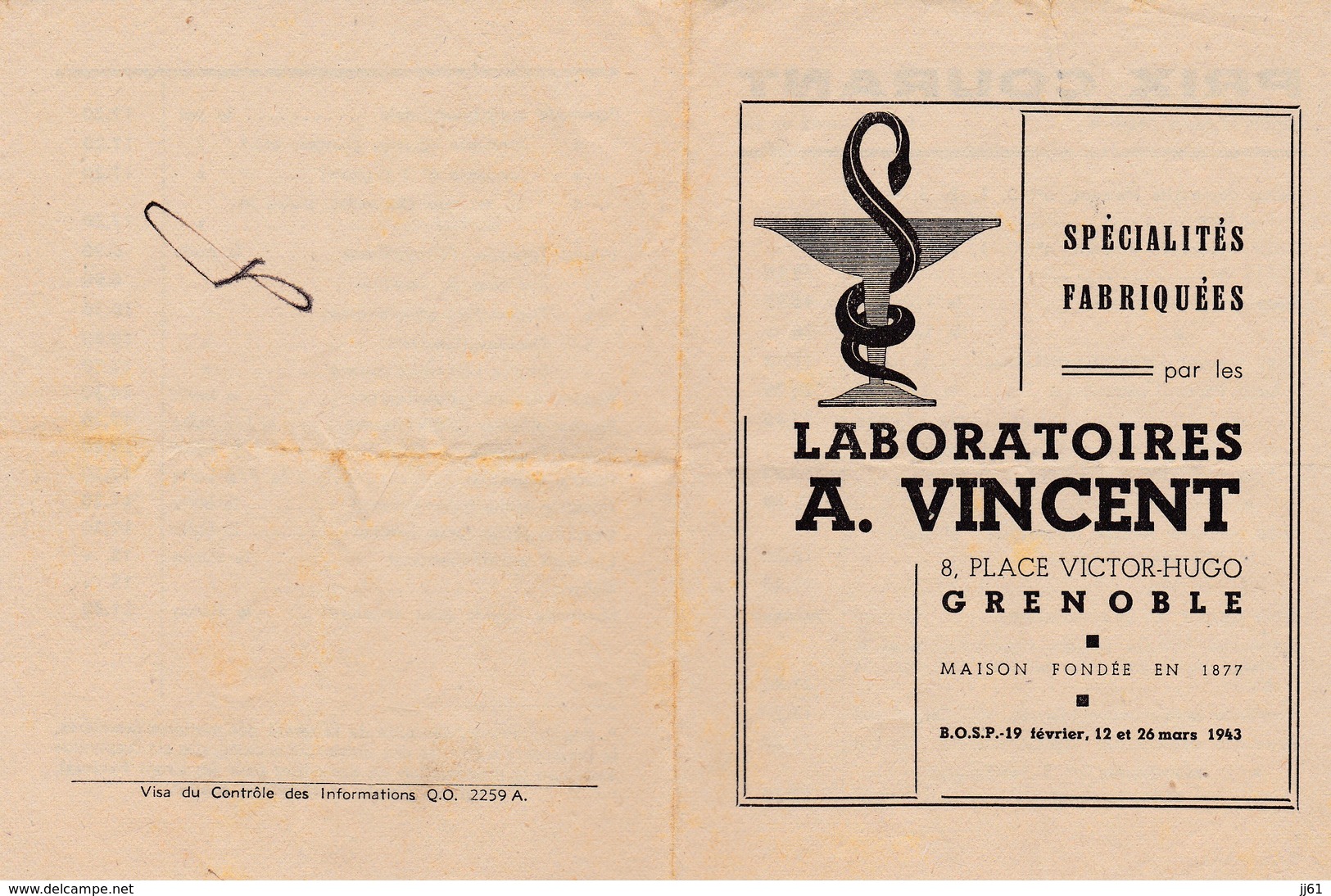 GRENOBLE PETIT DEPLIANT LABORATOIRES A VINCENT TARIF ANNEE 1943 - Andere & Zonder Classificatie