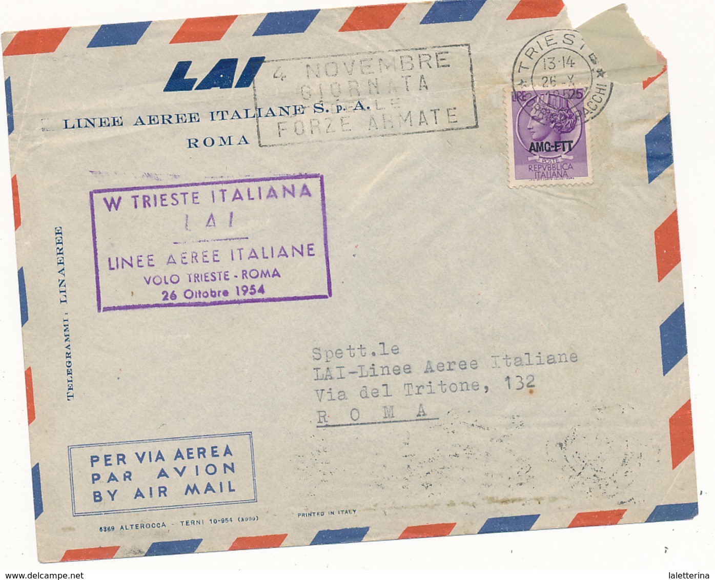 26/10/1954 W TRIESTE ITALIANA LAI LINEE AREE ITALIANE VOLO TRIESTE ROMA 26 OTTOBRE - Storia Postale