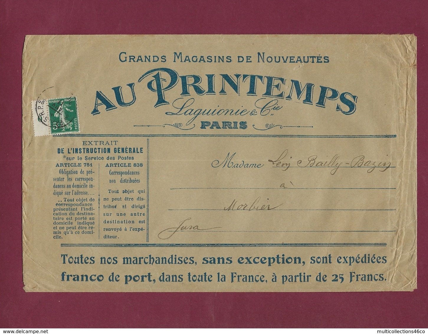 210120 - Grande Enveloppe Illustrée Femme Mode Grand Magasin AU PRINTEMPS Affranchie 5c Semeuse Verte 1911 Millesime 0 - 1877-1920: Periodo Semi Moderno