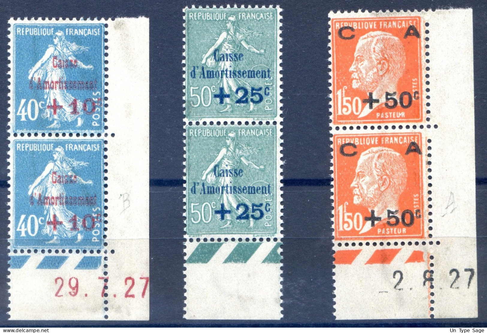 France N°253 à 255 Neuf** - Caisse D'amortissement - Paire Bord De Feuille - Cote +550€ - (F564) - Unused Stamps