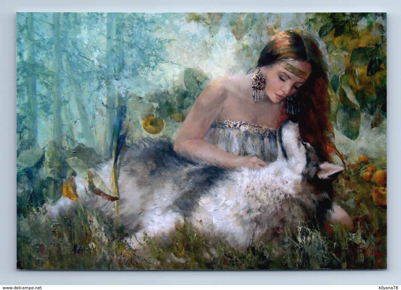 PRETTY WOMAN With Grey WOLF Forest Fantasy ART By Morozova New Russian Postcard - Other & Unclassified