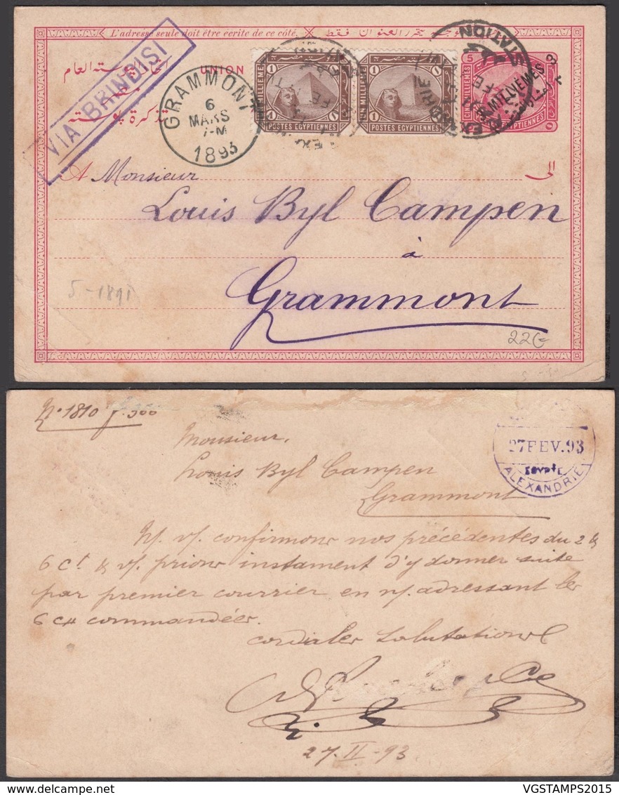 Egypte - EP 5m + 1m En Paire D'Alexandrie 27/02/1893 Vers Grammont Belgique Via Brindisi (RD143) DC5646 - 1866-1914 Khedivate Of Egypt