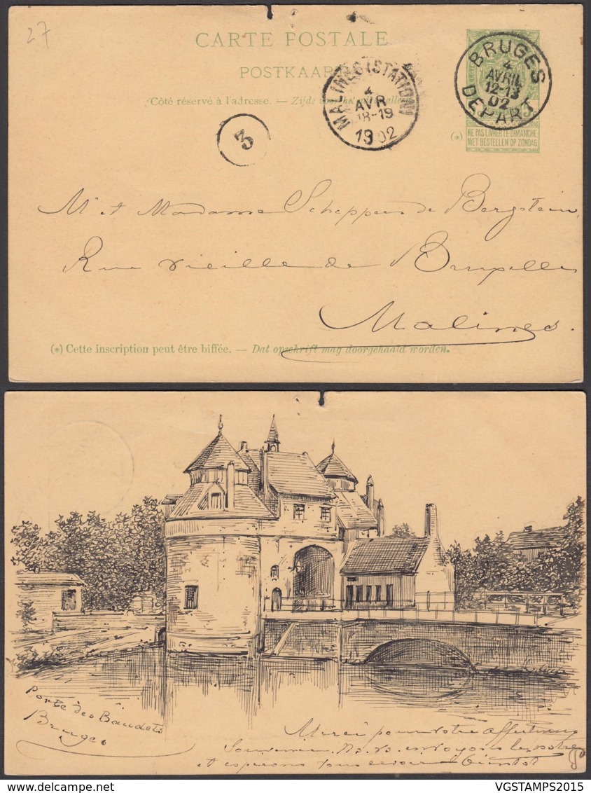 Belgique - EP 5c Avec Repiquage Privé "Porte De La Ville De Bruges" De Bruges 04/04/1902 Vers Malines (RD158)DC5671 - Postkarten 1871-1909