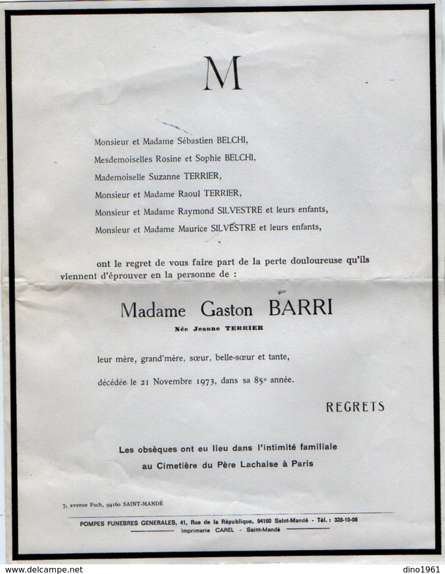 VP16.748 - PARIS 1973 - Faire - Part De Décès De Mme Gaston BARRI Née Jeanne TERRIER Inhumation Au Père Lachaise - Mariage