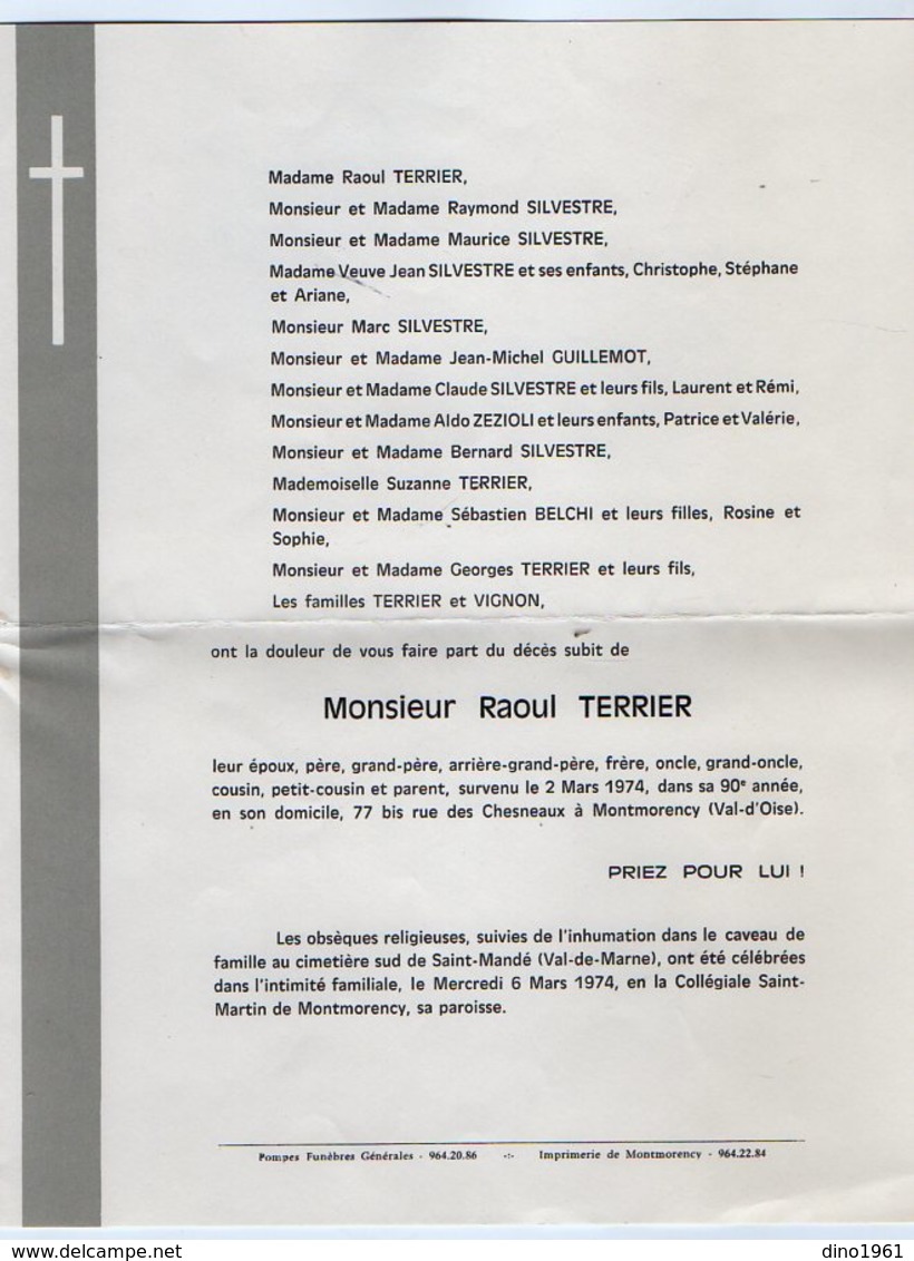 VP16.751 - MONTMORENCY X SAINT - MANDE 1974 - Faire - Part De Décès De Mr Raoul TERRIER - Mariage