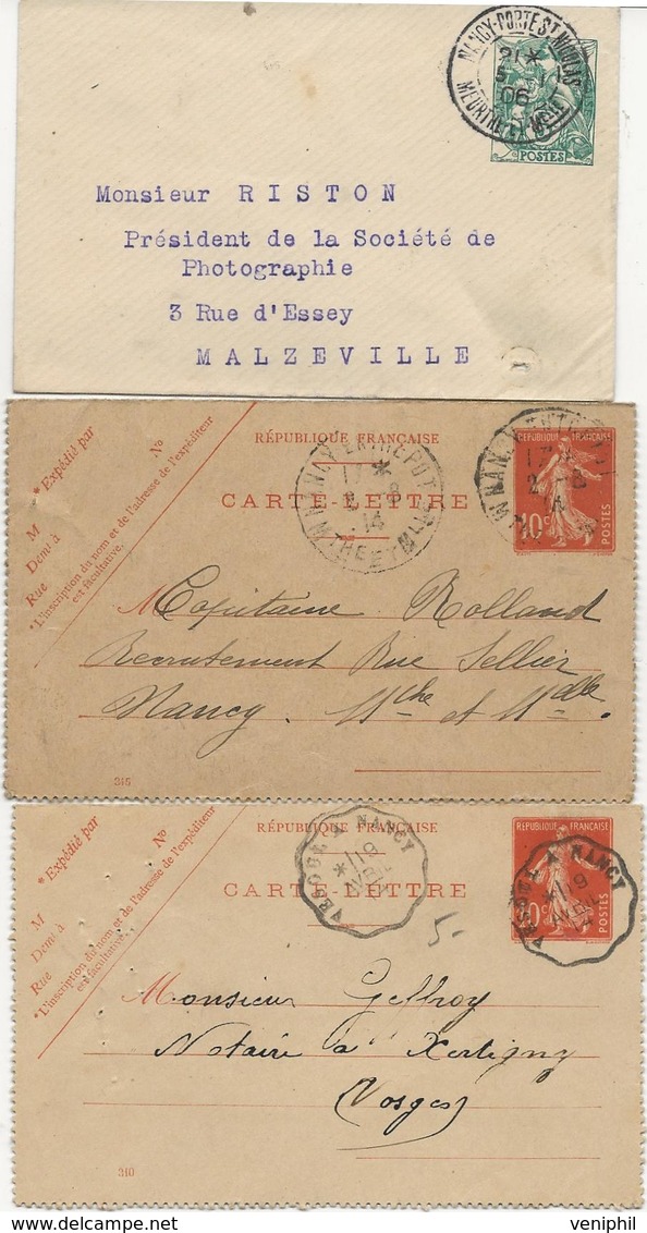 1 ENTIER + 2 CARTES LETTRES OBLITERATIONS CONVOYEUR VESOUL A NANCY +2 CAD NANCY -1906-1914 - Karten/Antwortumschläge T