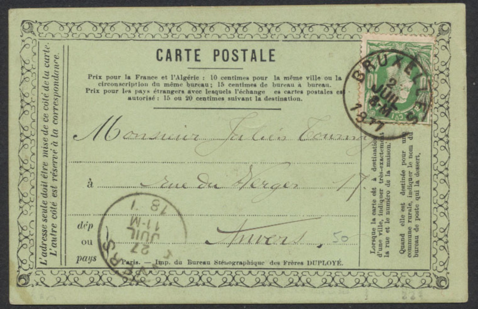 Carte Postale Française "Sténographie - Duployé" Affranch. Par N°30 Expédié De Bruxelles Vers Anvers (1877). Pas Courant - 1869-1883 Leopold II.