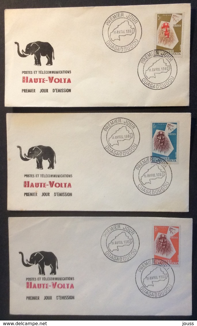 AFHV2 Haute Volta Masque Singe 5F 6F 8F Ouagadougou FDC Premier Jour 11/4/1960 Lot 3 Lettre - Haute-Volta (1958-1984)