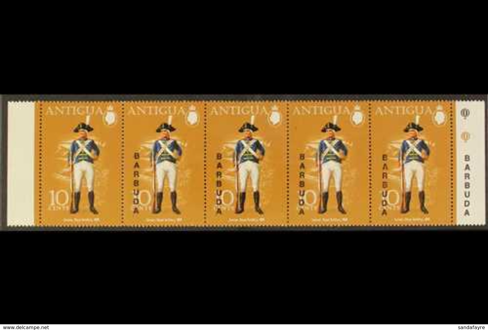 BARBUDA 1974 10c Military Uniforms, A Superb Horizontal Strip Of Five With "BARBUDA" OMITTED On The Left Hand Stamp And  - Sonstige & Ohne Zuordnung