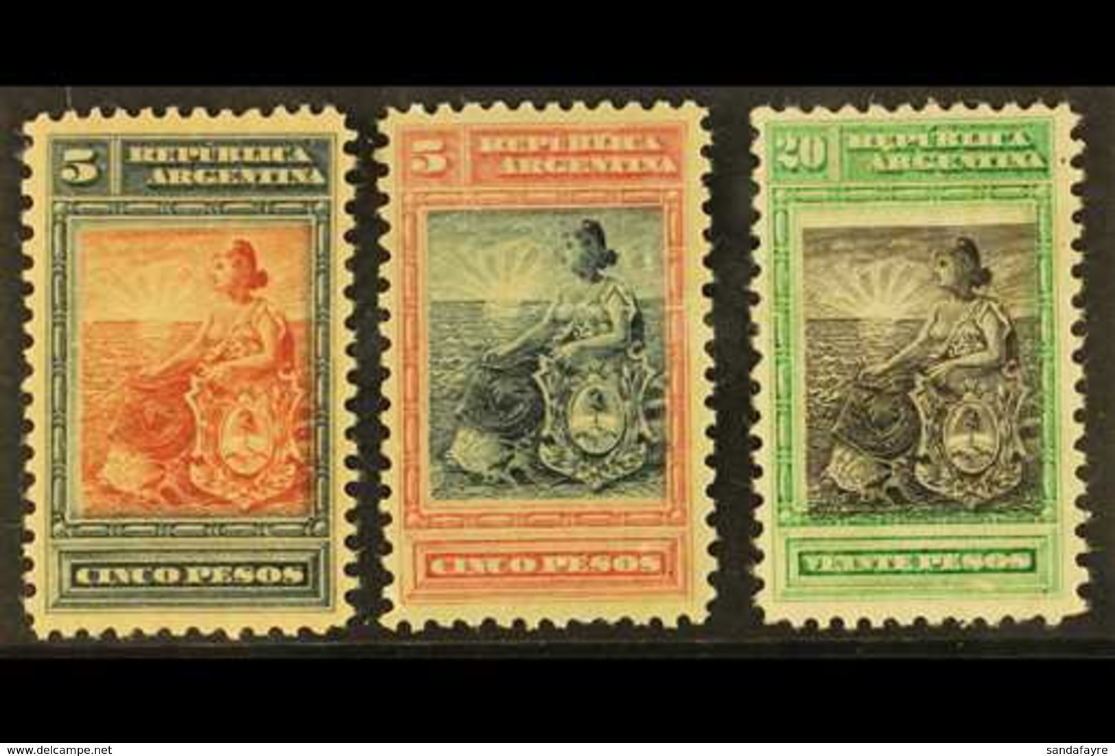 1899 COLOUR TRIAL PROOFS. 5p Red & Blue, 5p Blue & Rose (crease) & 20p Black & Green Liberty Seated (Scott 140 & 142) Co - Autres & Non Classés