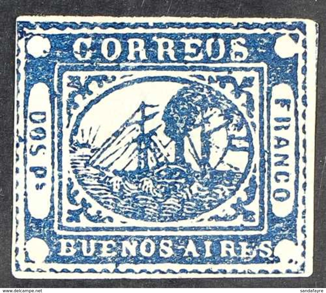 BUENOS AIRES 1858 2p Blue Steamship Local Stamp (Scott 2, SG P2), Unused No Gum, Four Margins (very Close At Upper Left) - Other & Unclassified