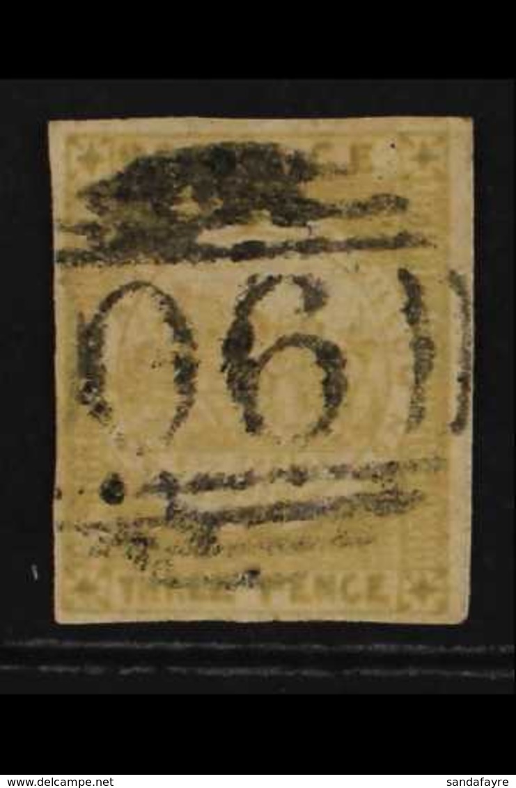 NEW SOUTH WALES 1850-51 3d Yellow-green Sydney View Yellowish Laid Paper, SG 43e, Used, Four Margins, Pen Marks On Rever - Other & Unclassified