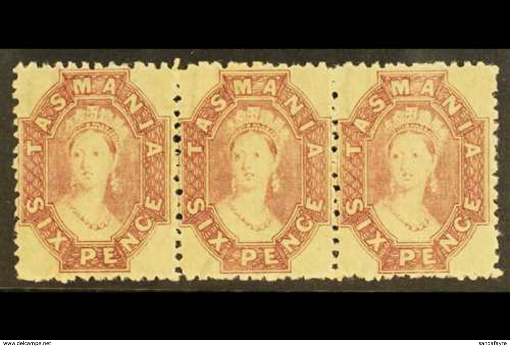 TASMANIA 1869 6d Reddish Mauve, Perf 12, Wmk Double Lined Numerals, SG 76, Superb Never Hinged Mint Strip Of 3. Lovely   - Sonstige & Ohne Zuordnung