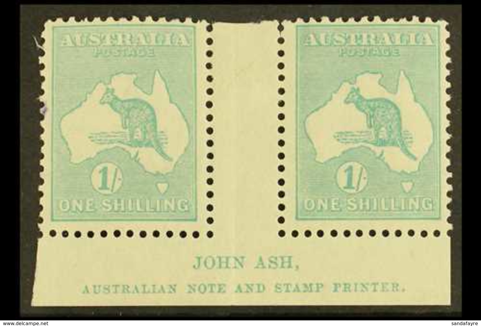 1915-27 1s Blue-green, SG 40, JOHN ASH Imprint Gutter Pair, Mint, Tiny Ink Spot At Left. For More Images, Please Visit H - Sonstige & Ohne Zuordnung