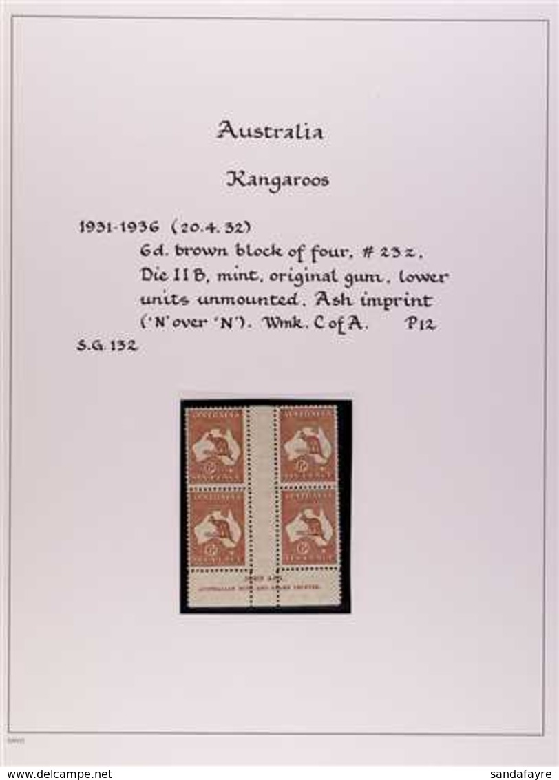 1931-36 ASH IMPRINT BLOCKS. 1931-36 6d Brown 'Roo (SG 132) A Small Collection Of 6 Ash Imprint Gutter Blocks Of 4 (BW 23 - Autres & Non Classés