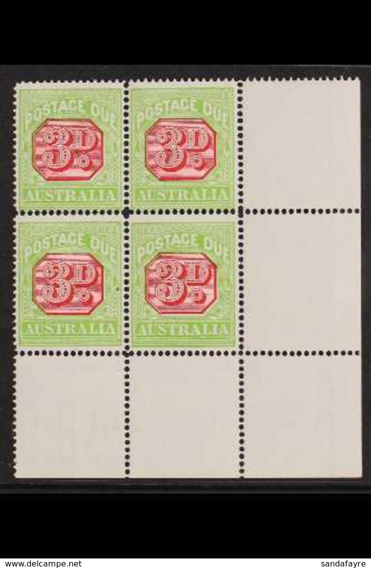 POSTAGE DUES 1913-23 3d Rosine & Apple Green Perf 14, SG D82, Superb Never Hinged Mint Lower Right Corner BLOCK Of 4, On - Andere & Zonder Classificatie