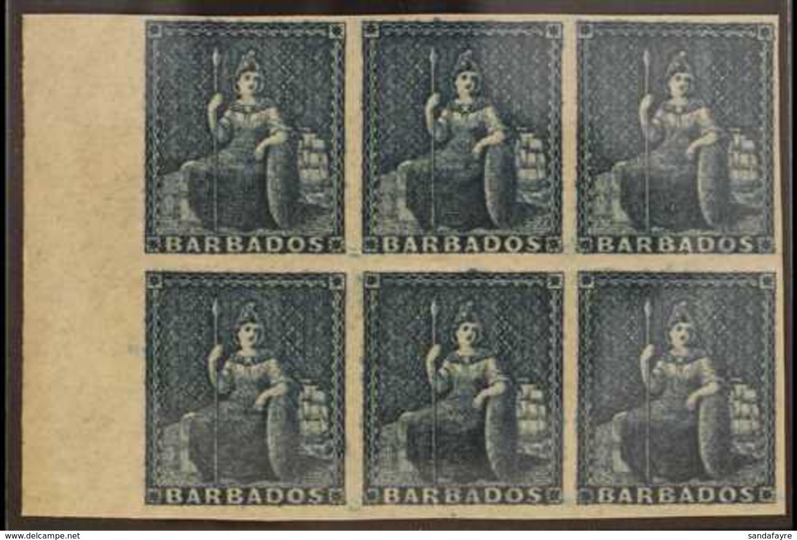 1852-55 NHM MARGINAL BLOCK OF 6 Slate- Blue Britannia (no Value) unissued (SG 5a) Never Hinged Mint Marginal Block Of 6  - Barbades (...-1966)