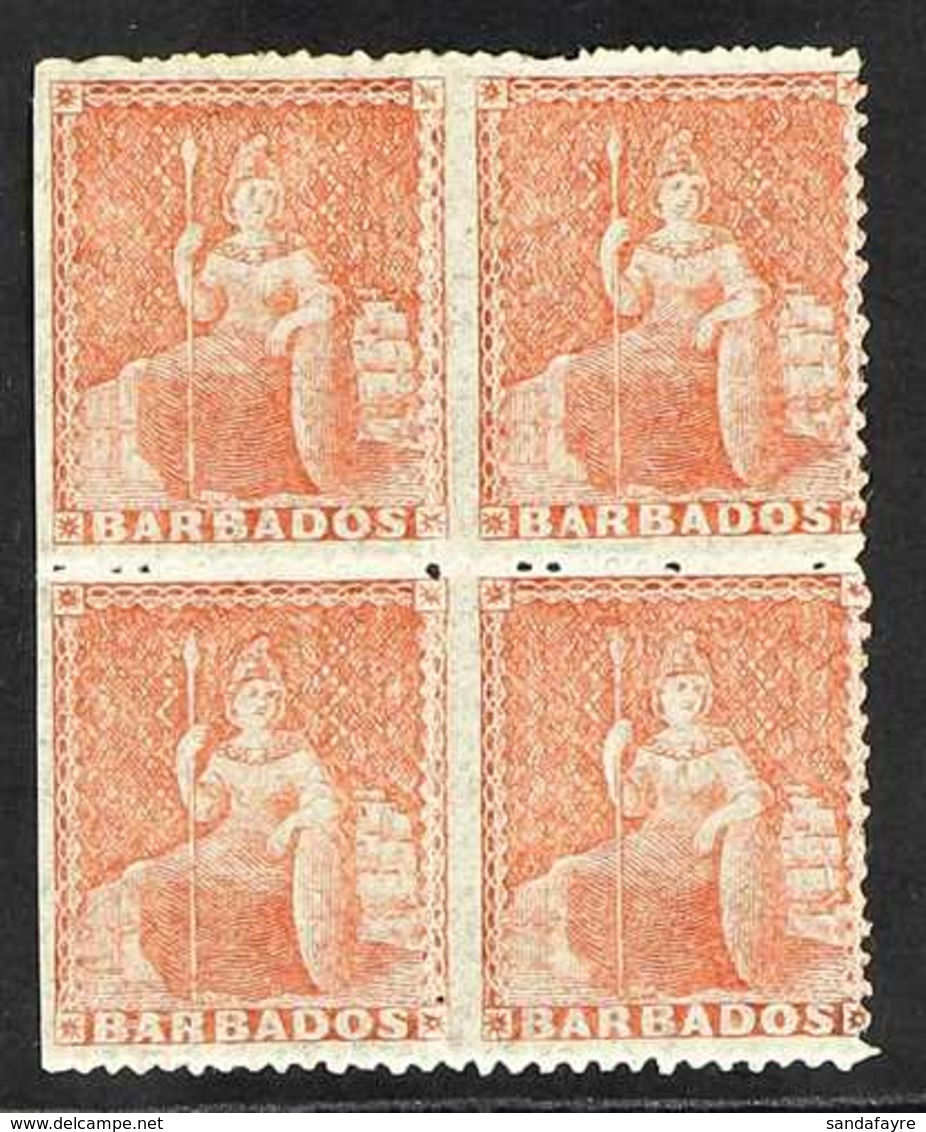 1861-70 (4d) Dull Vermilion, No Wmk, Rough Perf 14 - 16, Britannia, SG 28, Fine Mint BLOCK OF FOUR With Straight Edge At - Barbades (...-1966)