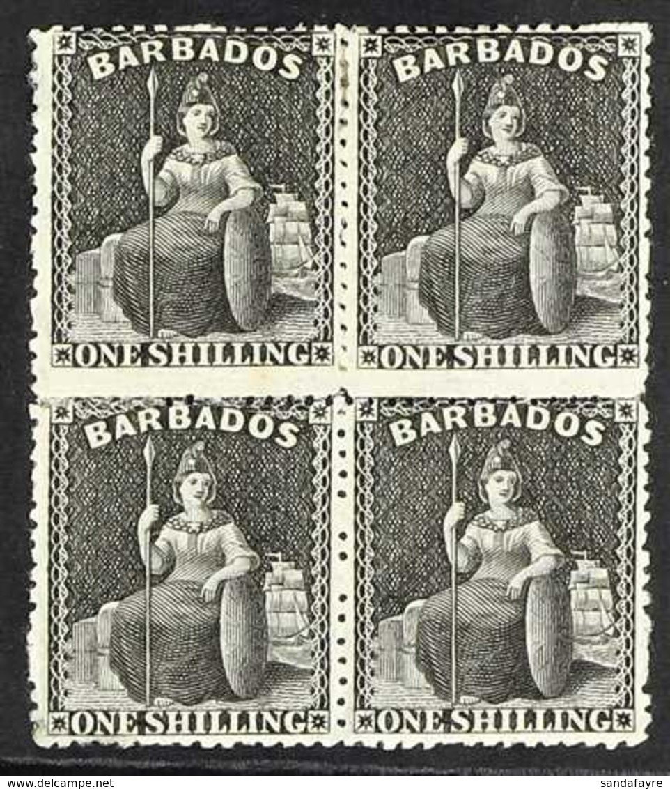 1873 1s Black, Wmk Large Star, Perf 14½ - 15½, Britannia, SG 61, Mint BLOCK OF FOUR (one Stamps Never Hinged). Ex Hart,  - Barbades (...-1966)