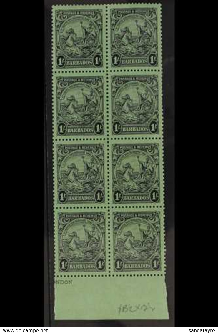 1925 1s Black On Emerald, Badge, Perf 13½x12½, SG 237a, Never Hinged Mint Marginal Block Of 8. For More Images, Please V - Barbados (...-1966)