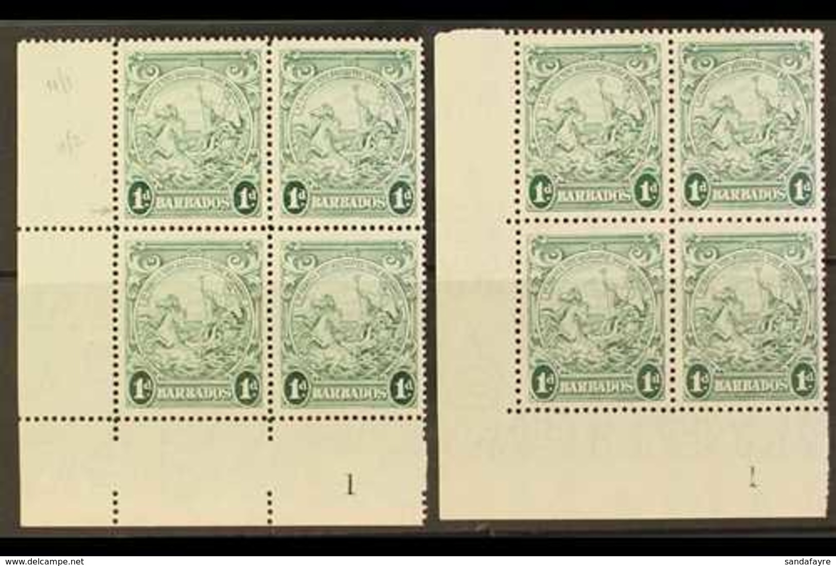 1942 1d Green Badge Of The Colony, The Two Perfs SG 249b And 249bc, In Matching Lower Left Corner Plate Number Blocks Of - Barbados (...-1966)