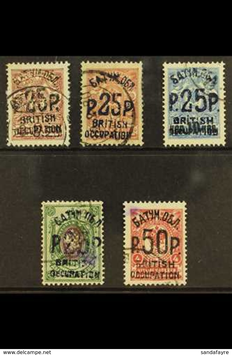 1920 Fine Used Selection Including 25r On 5k Brown Lilac In Black And In Blue, 25r On 20 On 14k In Blue, 25r On 50k Gree - Batum (1919-1920)