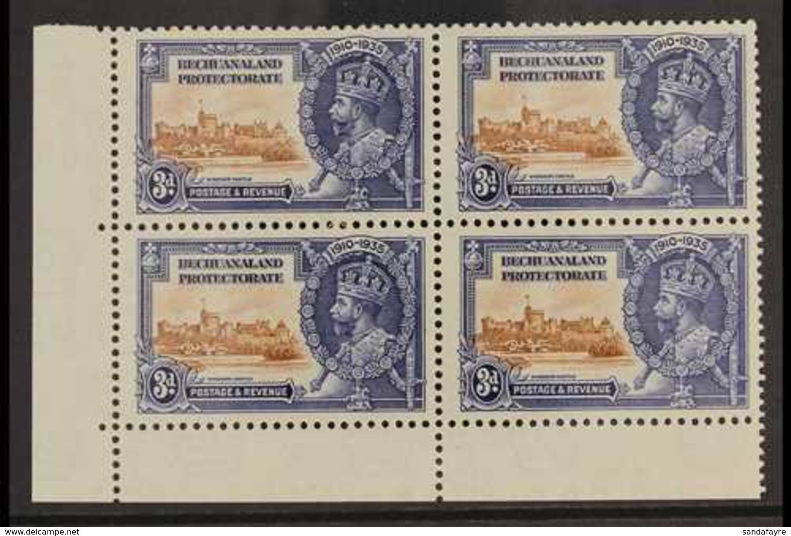 1935 SILVER JUBILEE VARIETY 3d Brown & Deep Blue Corner BLOCK OF 4 Bearing "EXTRA FLAGSTAFF" Variety, SG 113/113a, Fine  - Autres & Non Classés