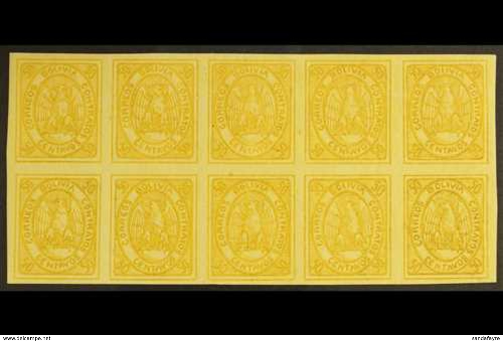 1867-68 50c Yellow Condor (SG 8, Scott 5), Very Fine Mint (most Stamps Never Hinged) BLOCK Of 10 (5x2), All Stamps With  - Bolivien