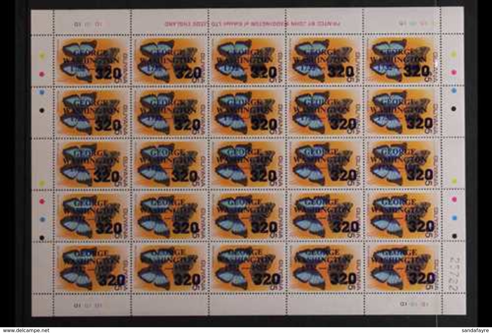 1984 320c On $5 Butterfly With "George Washington" Overprint, SG 1413, Superb Never Hinged Mint COMPLETE SHEETLET Of 25, - Guyane (1966-...)