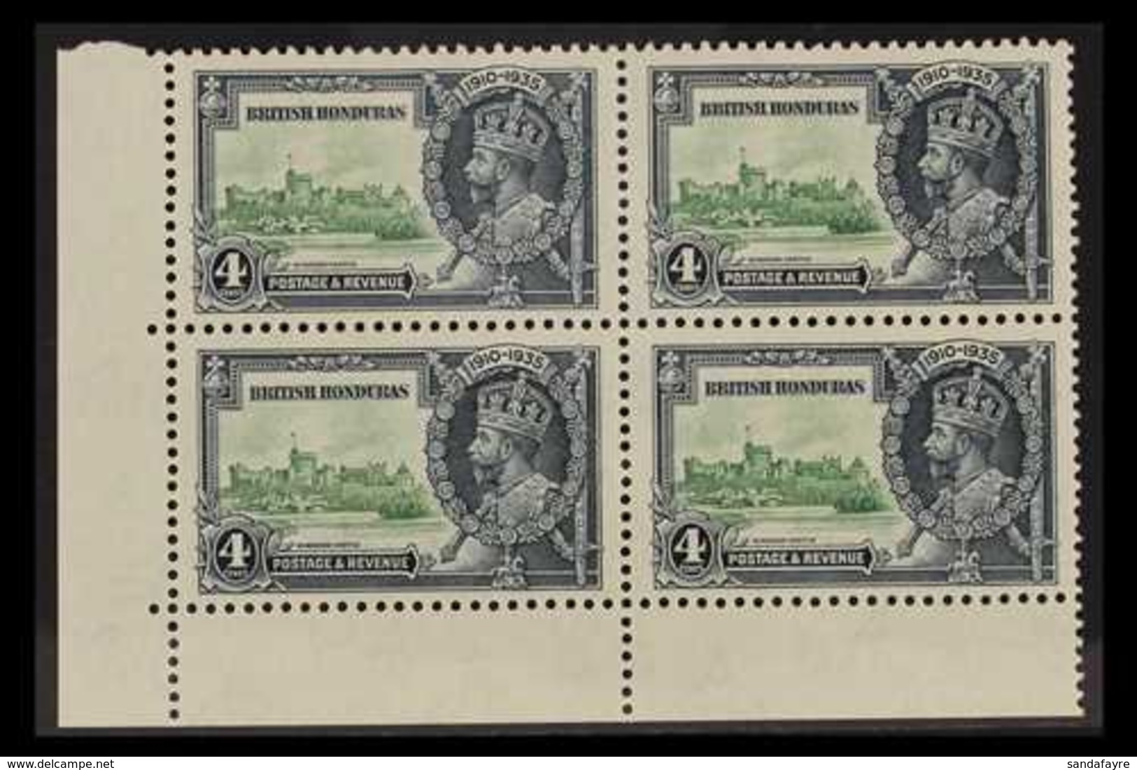 1935 SILVER JUBILEE VARIETY 4d Green & Indigo Lower Left Corner Block Of 4 Bearing The "EXTRA FLAGSTAFF" Variety, SG 144 - Honduras Britannique (...-1970)