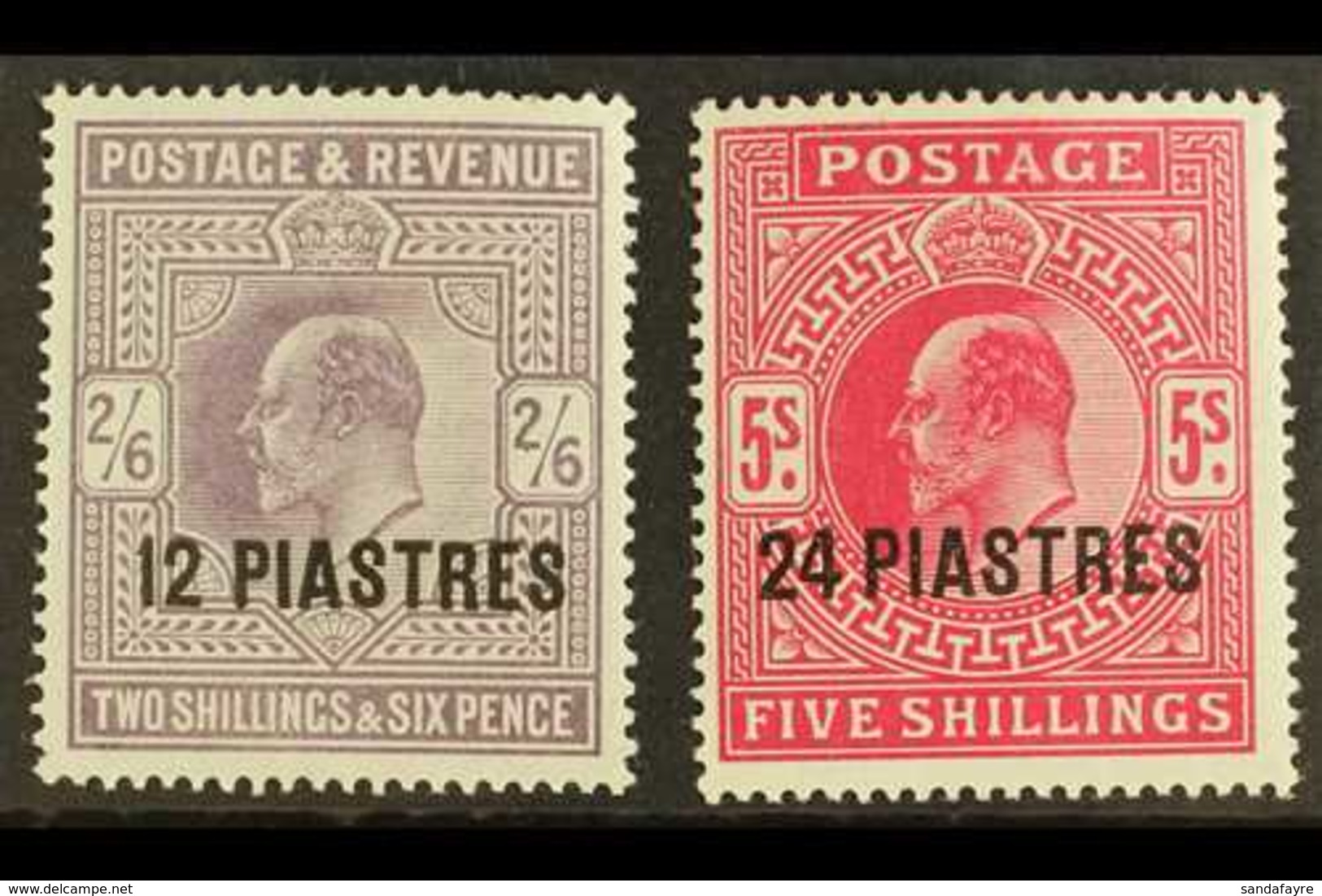 1902 - 05 12pi On 2s6d Lilac And 24pi On 5s Bright Carmine, SG 11/12, Very Fine And Fresh Mint. (2 Stamps) For More Imag - Britisch-Levant