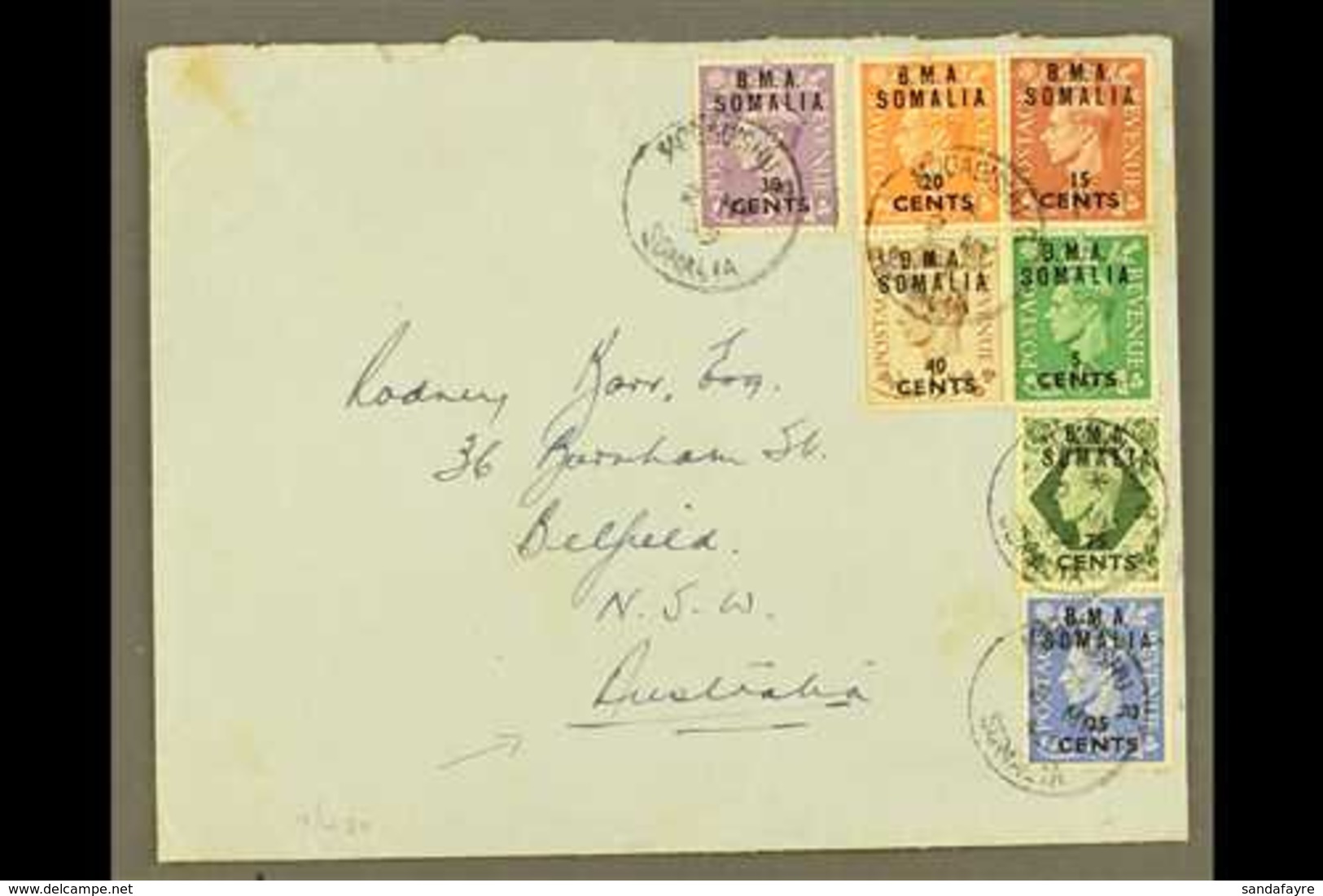 SOMALIA 1949 Plain Envelope To Australia, Franked KGVI 5c On ½d To 40c On 5d & 75c On 9d "B.M.A. SOMALIA" Ovpts, SG S10/ - Italian Eastern Africa