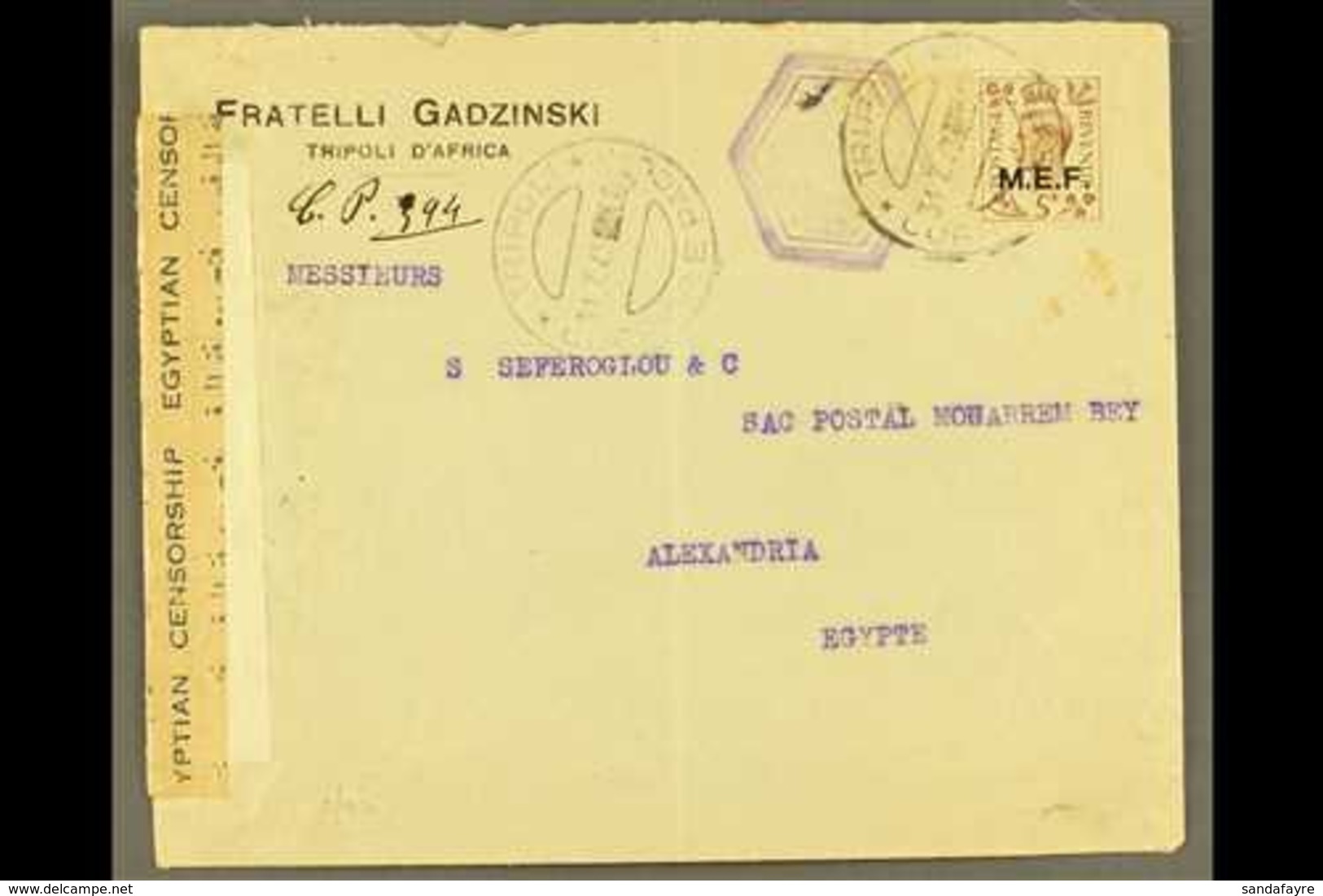 TRIPOLI 1943 Censored Commercial Cover To Egypt, Franked With KGVI 5d "M.E.F." Ovpt, Clear Tripoli 31.7.43 C.d.s. Postma - Afrique Orientale Italienne