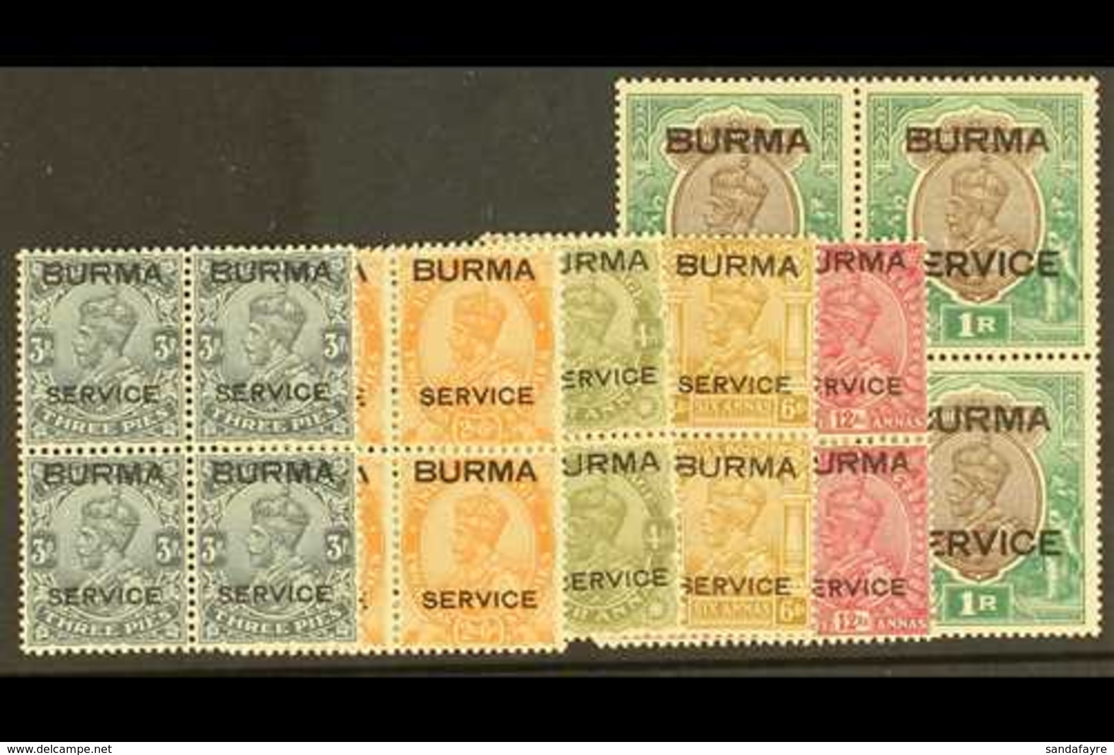 OFFICIALS. 1937 Selection Of Superb Never Hinged Mint BLOCKS OF FOUR Of The 3p, 2a6p To 6a, 12a & 1r Values SG O1, O6/8  - Burma (...-1947)