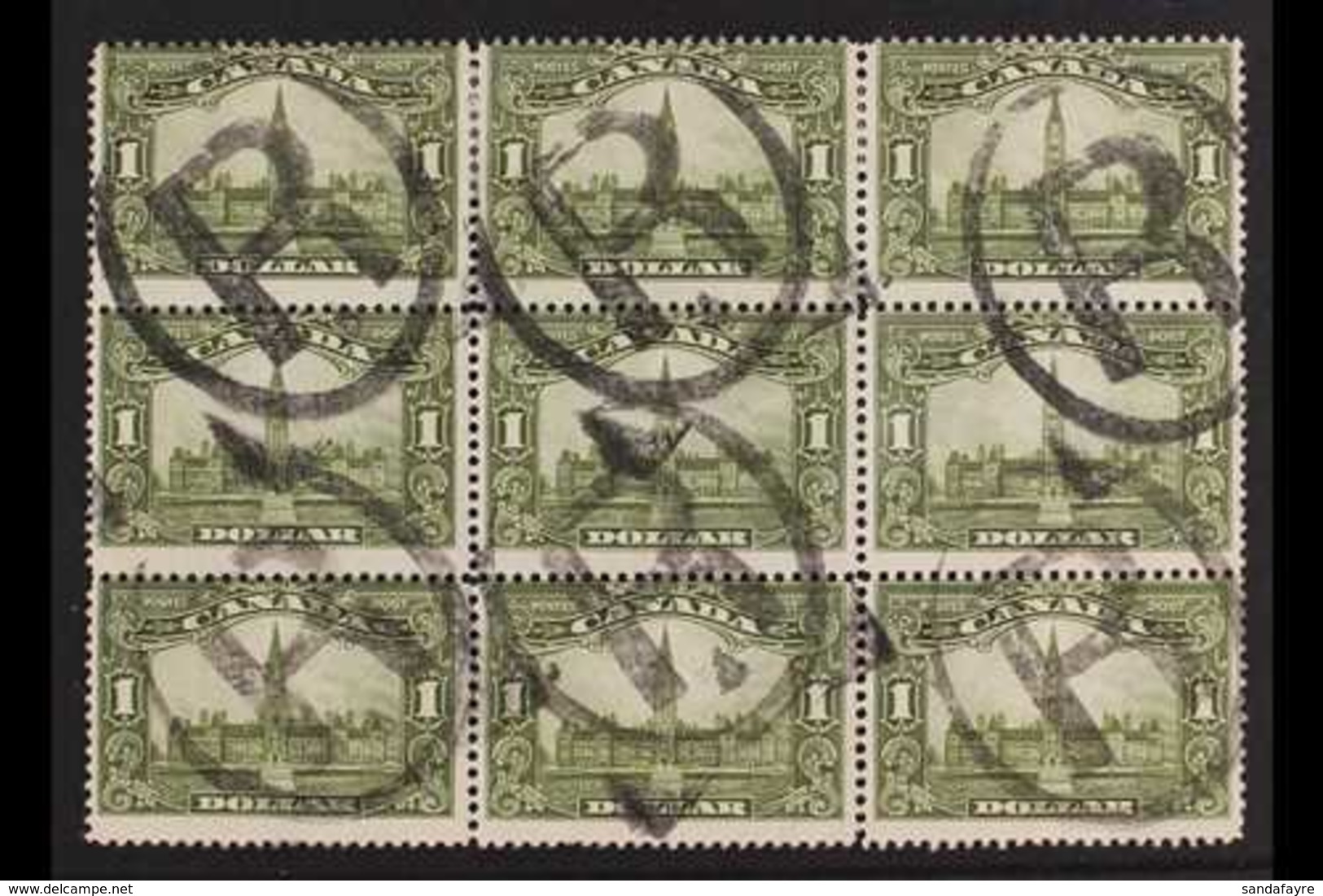 1928-29 $1 Olive-green Parliament Buildings, SG 285, Used BLOCK Of 9 Cancelled By Large "R" In Oval Registration Cancels - Sonstige & Ohne Zuordnung