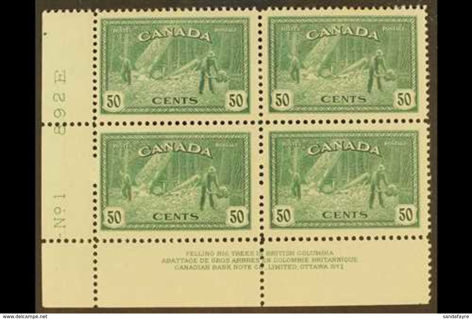 1946 50c Lumbering, SG 405, Uni 272, Very Fine Mint Corner Plate Block (No 1), Top Pair Hinged.  For More Images, Please - Autres & Non Classés