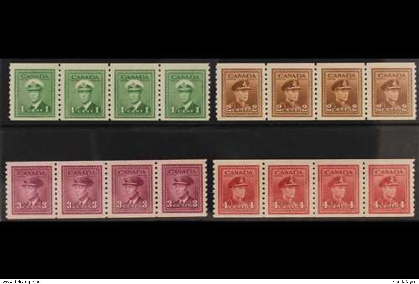 1948 NHM COIL STRIP SET 1c Green, 2c Brown, 3c Purple & 4c Carmine-lake War Effort Coil Strips Of 4, Imperf X Perf 9½, U - Altri & Non Classificati