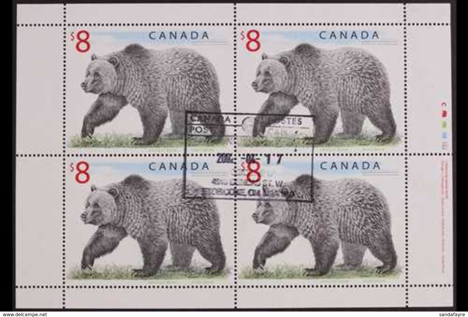 1997 $8 Grizzly Bear (SG 1762b, Unitrade 1694), Superb Used FULL PANE Of 4 (with Inscription In Right Selvedge) And FIEL - Sonstige & Ohne Zuordnung