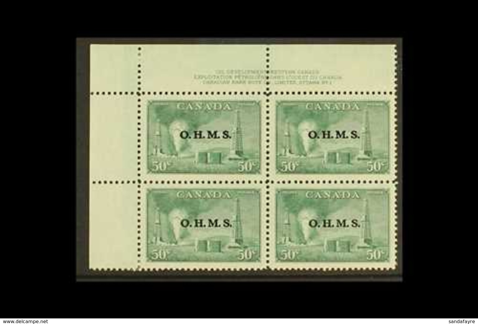 OFFICIAL 1949-50 50c Green Oil Wells With "O.H.M.S." Overprint, SG O177, Top Left Hand Plate Block Of Four With Control  - Sonstige & Ohne Zuordnung