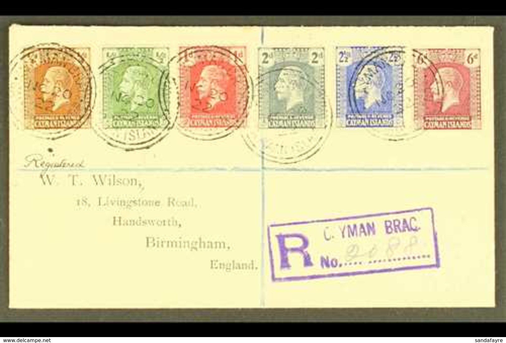 1922 (Nov) Attractive "Wilson" Registered Cover To England, Bearing 1921-26 ¼d, ½d, 1d, 2d, 2½d And 6d Tied CAYMAN BRAC  - Iles Caïmans