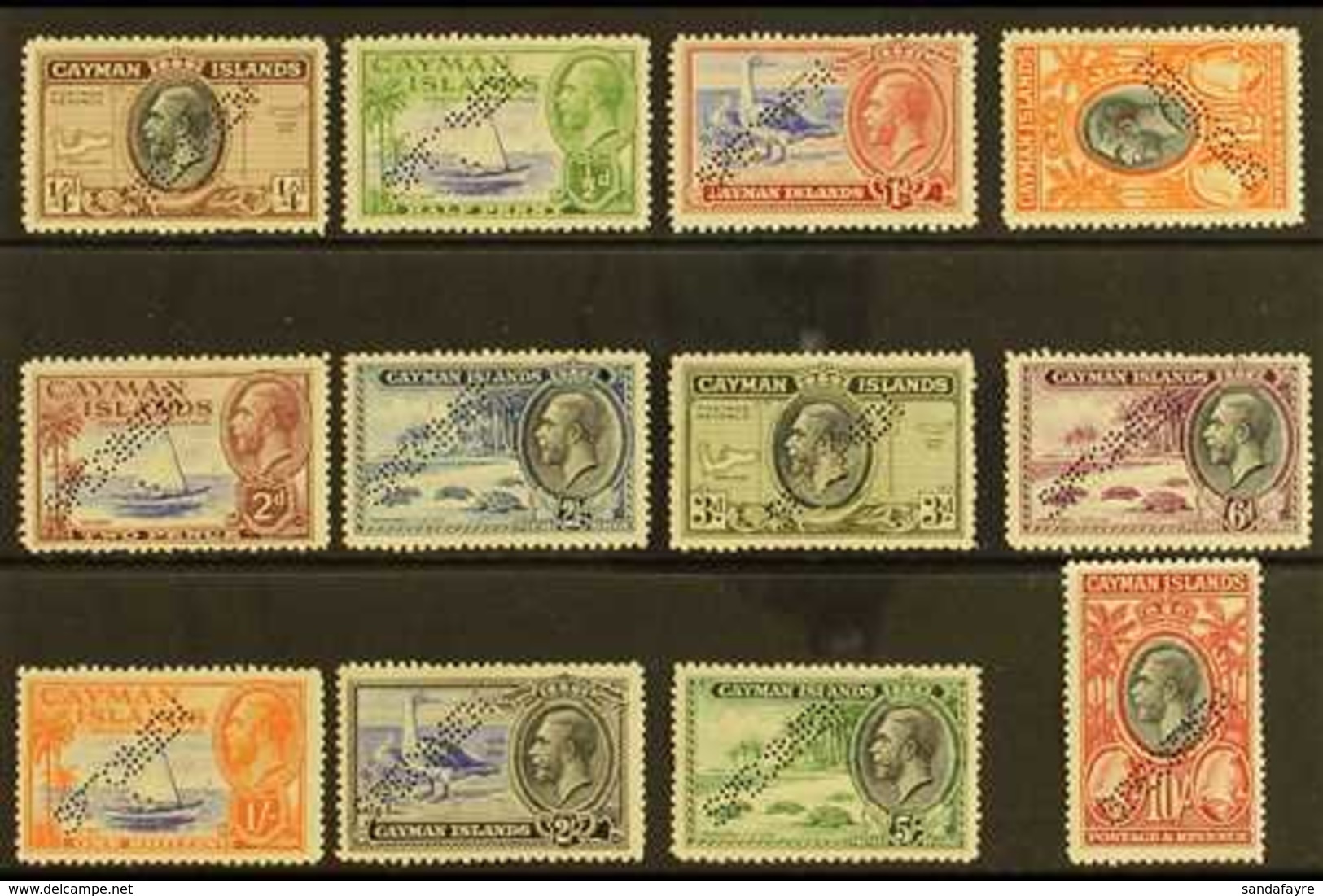 1935 Pictorial Definitives Complete Set With "SPECIMEN" Perfin, SG 96s/107s, ½d Value With Small Thin, Otherwise Fine Mi - Cayman Islands