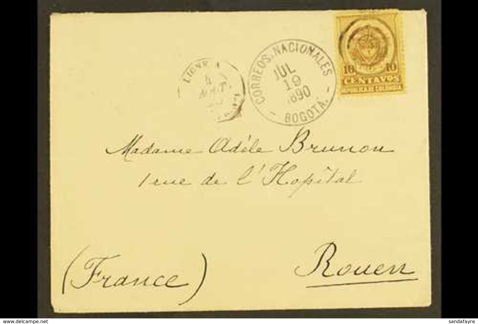 1890 NEAT COVER TO FRANCE Bearing 1890-91 10c Brown On Yellow Tied By Concentric Rings Cancellation And With Very Fine " - Kolumbien