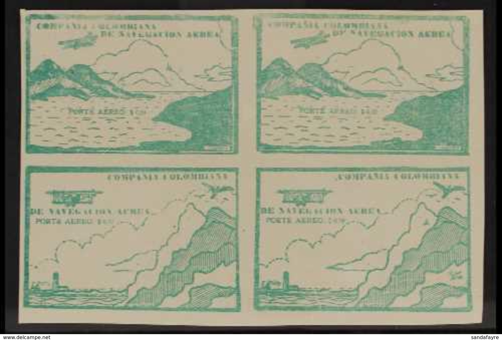 1920 SCADTA - IMPERF BLOCK OF 4. 10c Green Top Left Corner Imperf SE-TENANT BLOCK Of 4 (positions 1/2 & 7/8), Containing - Colombia