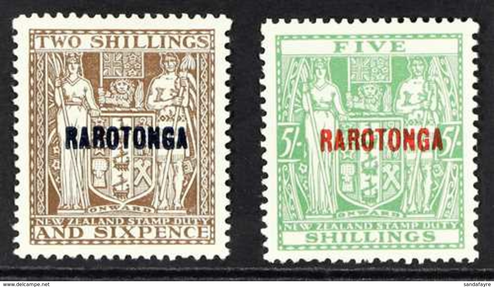 1931-32 2s6d Deep Brown And 5s Green Postal Fiscals With "RAROTONGA" Overprints, SG 95/96, Never Hinged Mint, Very Fresh - Cook