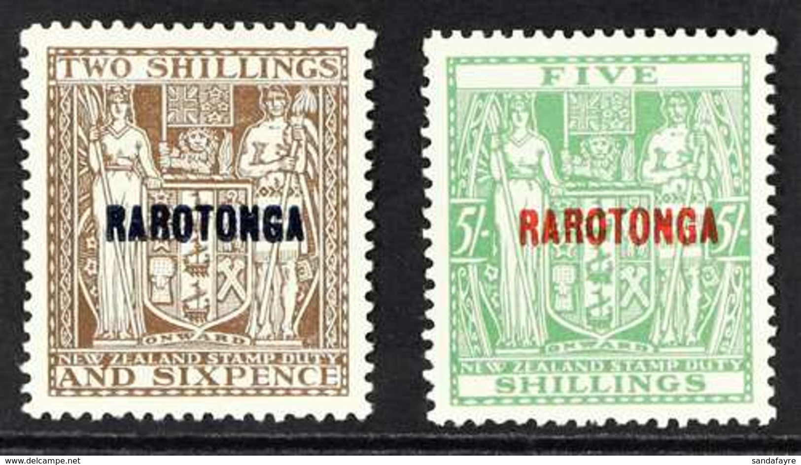 1931-32 2s6d Deep Brown And 5s Green Postal Fiscals With "RAROTONGA" Overprints, SG 95/96, Never Hinged Mint, Very Fresh - Cookeilanden