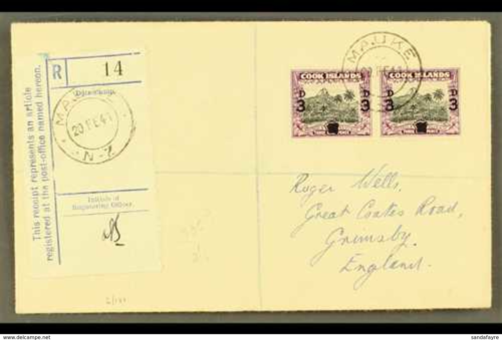 1940 3d On 1½d Black And Purple, SG 130, Horizontal Pair On Neat 1941 "Wells" Envelope Registered MAUKE To England. For  - Cookeilanden