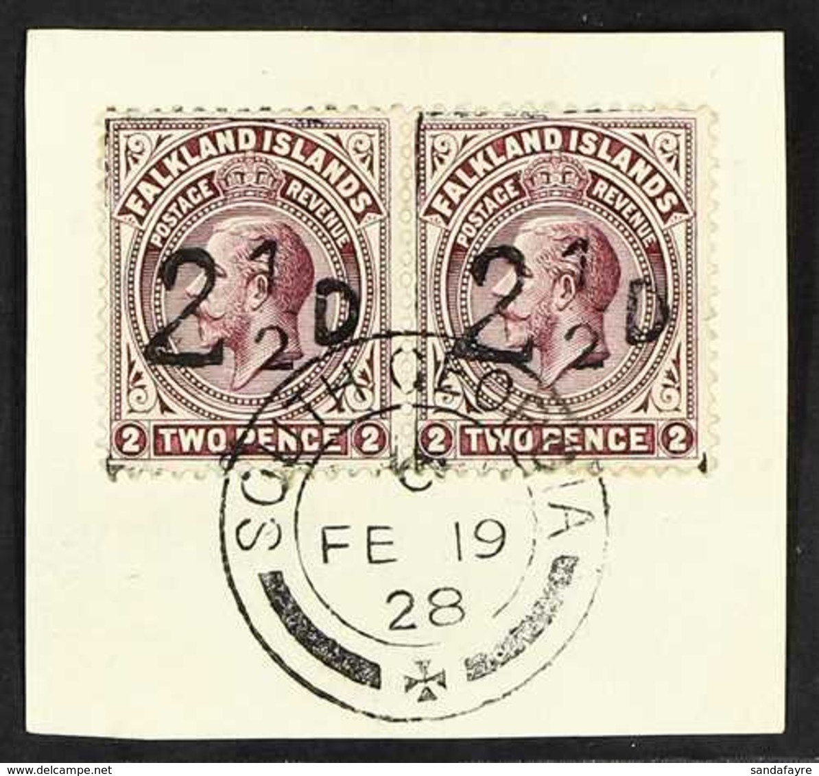 1928 2½d On 2d Purple-brown South Georgia Provisional Surcharge (SG 115) PAIR Tied To Piece By Single Full Upright South - Falklandinseln