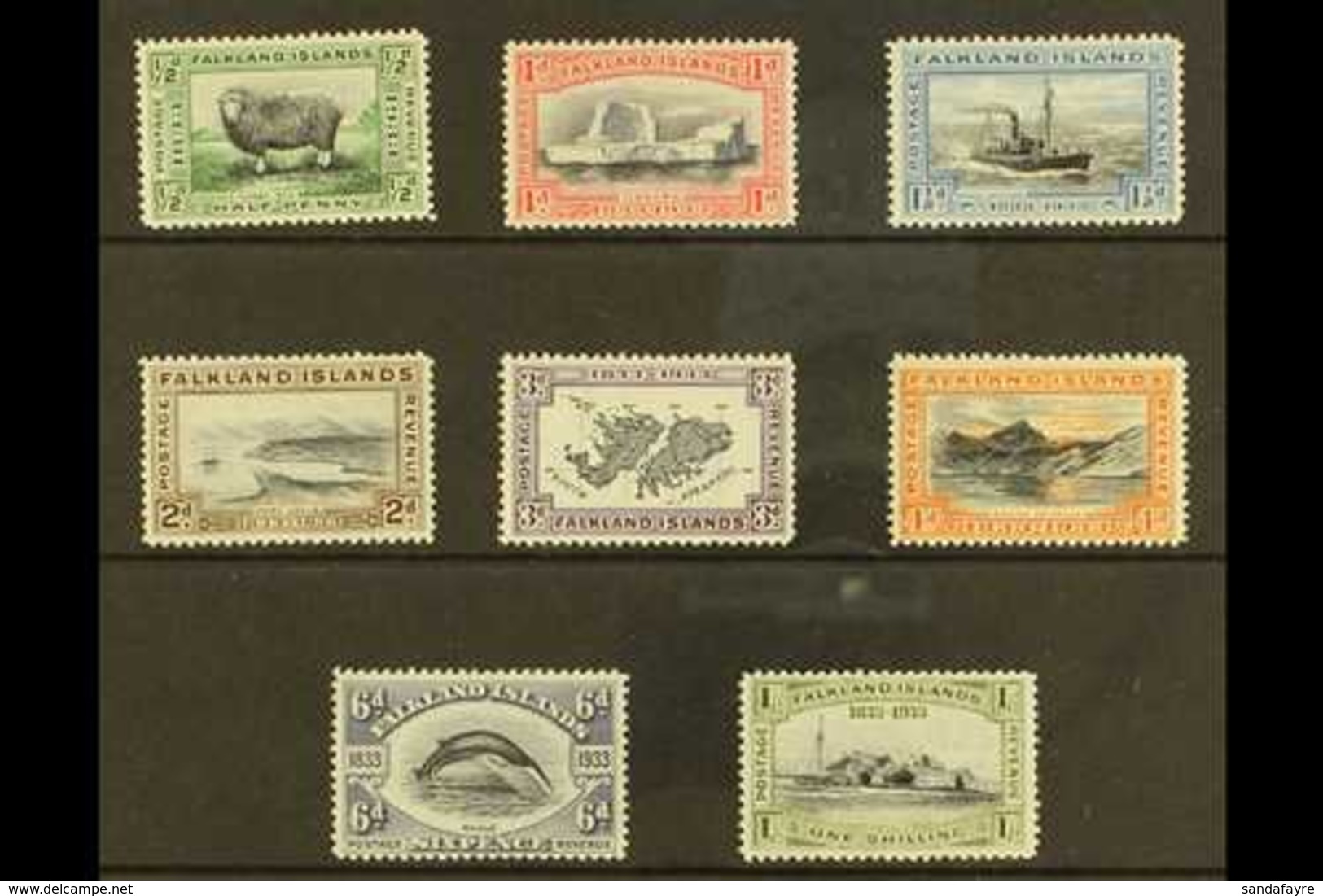 1933 Centenary Set Complete To 1s, SG 127/134, Fine Mint. (8 Stamps) For More Images, Please Visit Http://www.sandafayre - Falkland Islands