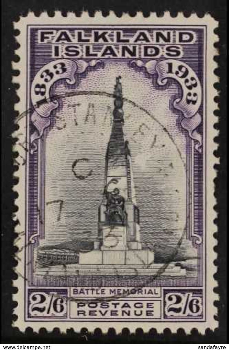 1933 Centenary 2s6d Black And Violet "Battle Memorial", SG 135, One Shortish Perf At Right, Cds Used With Fine Full Port - Falkland Islands